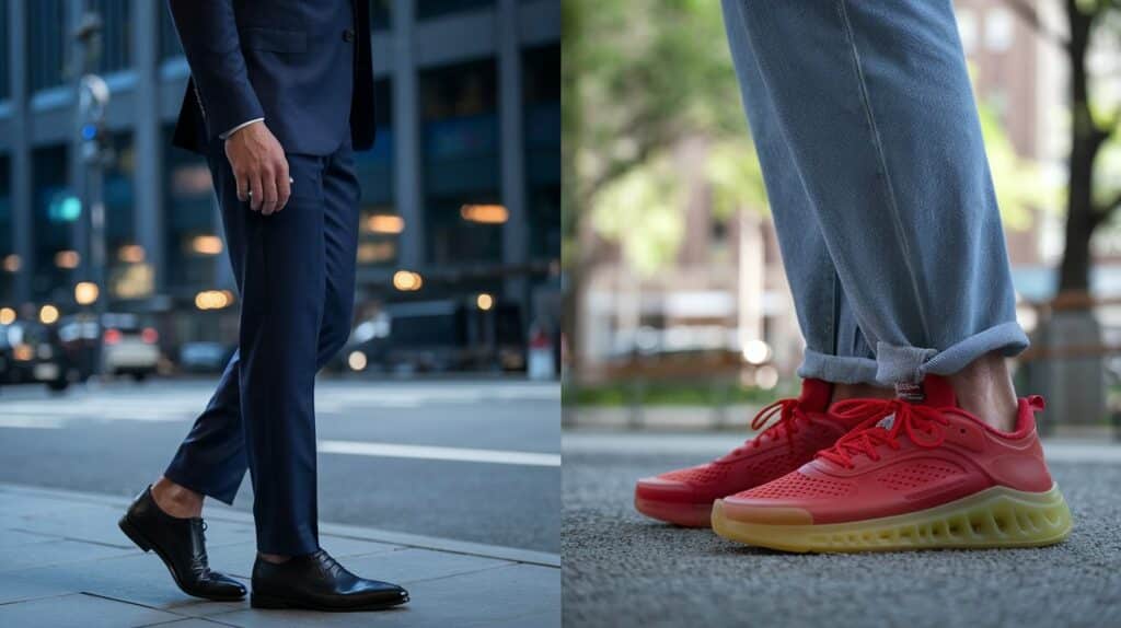 Vibrant synthetic sneakers paired with casual denim and a park backdrop.